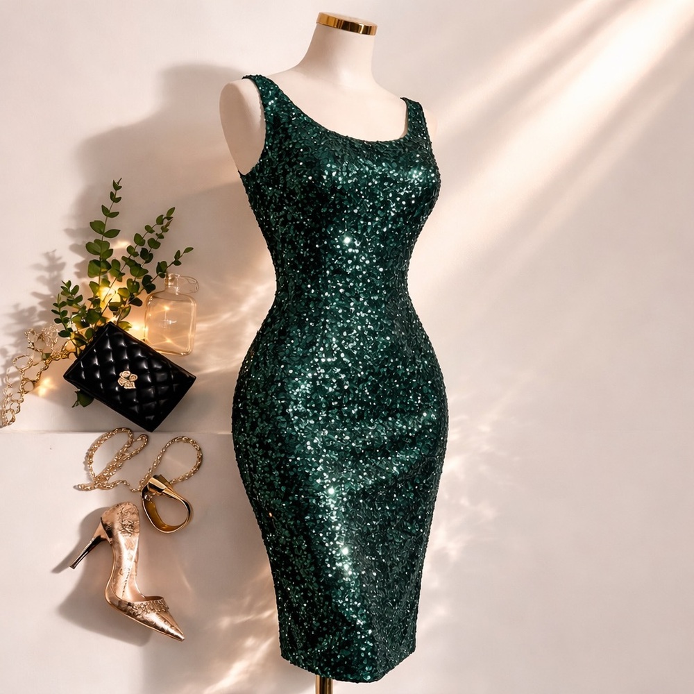 Studio One Emerald Sequin Cocktail Dress Size 8 Holiday Party Midi